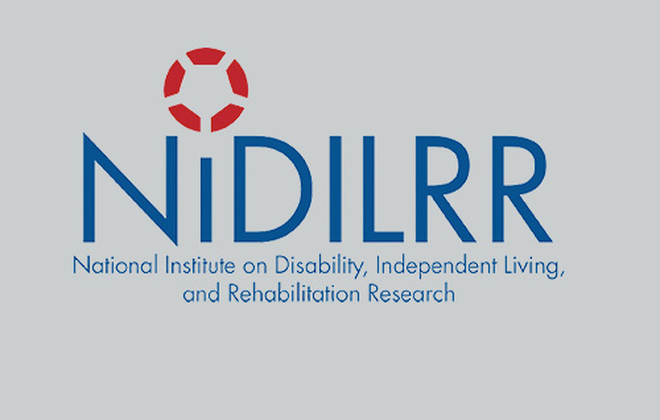 Logo of NIDILRR, the National Institute on Disability, Independent Living, and Rehabilitation Research. It features a blue text with a red circular design above the letter 