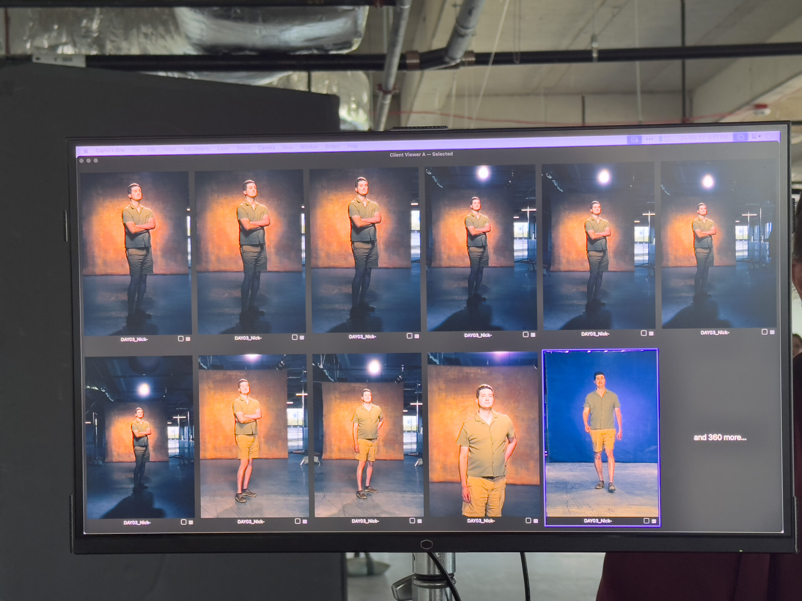 A computer monitor displays a grid of ten portrait photos of a person in casual clothing, standing in various poses against both orange and blue-toned backgrounds inside an industrial space.