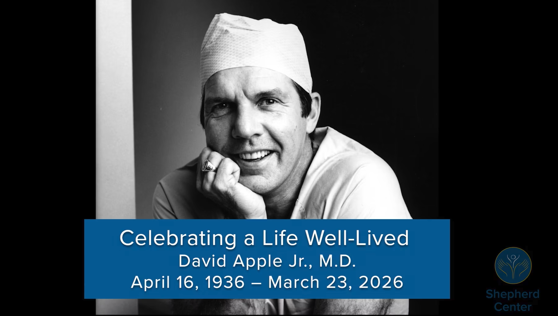 Black-and-white portrait of Dr. Apple in surgical attire, resting his chin on his hand. A blue banner reads: 
