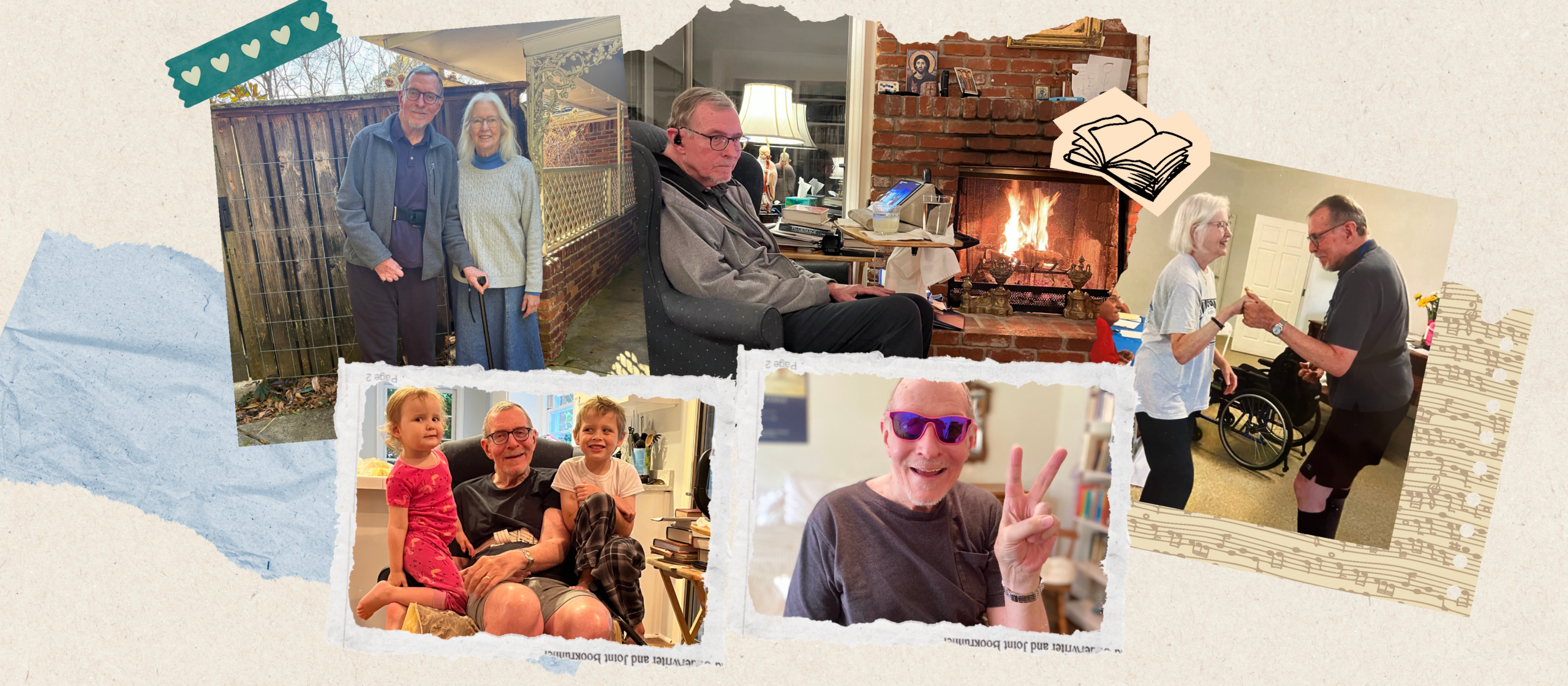 A collage of five photos shows a man in his 70s with family: standing outdoors with his wife, sitting indoors by a fireplace, dancing with his wife, smiling with two grandchildren, and flashing a peace sign while wearing sunglasses.