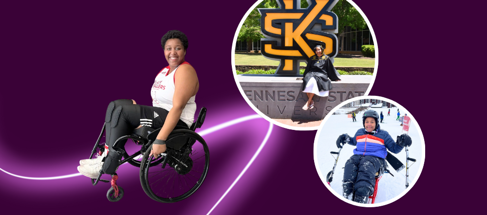 A smiling woman in a sports wheelchair is in the foreground, embodying hope. Two circular inset photos show her in graduation attire by a university sign and outdoors in a wheelchair, all set on a purple background.