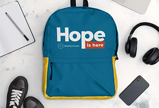 Blue and yellow backpack with 
